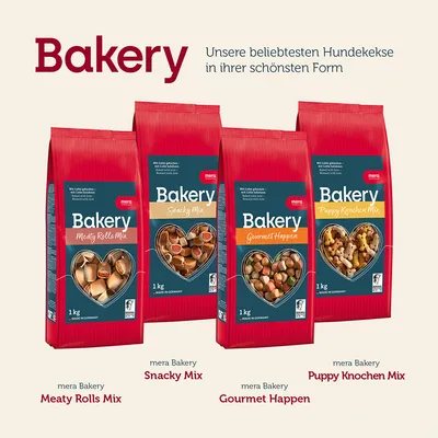 mera Bakery Hundekekse: Meaty Rolls Mix, Snacky Mix, Gourmet Happen und Puppy Knochen Mix. Beliebte Sorten in 1kg-Packungen. Made in Germany.