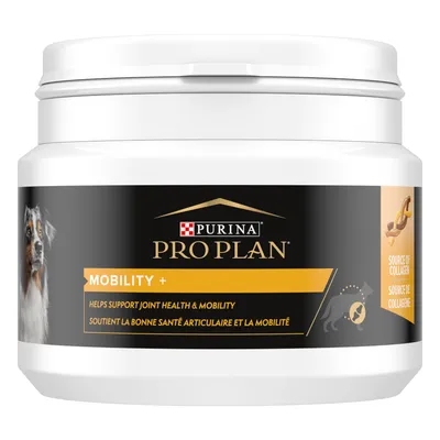 Purina Pro Plan Mobility+ supplement tub, label shows 'Helps support joint health & mobility', 'Source of collagen', image of a dog and bone, some text in French.