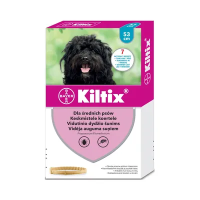 Bayer Kiltix obroża dla średnich psów, 53 cm. Na opakowaniu: aktywna 7 miesięcy, przeciw pchłom i kleszczom, substancje czynne: propoksur, flumetryna.