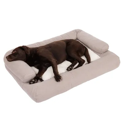 Grand chien marron allongé sur un lit rectangulaire pour chien avec rebords rembourrés gris clair et coussin central blanc, surface en tissu visible.