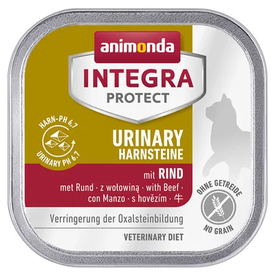 animonda INTEGRA PROTECT URINARY HARNSTEINE mit RIND. Urinary pH 6–7. Ohne Getreide. Veterinary Diet. С говеждо, без зърнени храни, ветеринарна диета за котки.