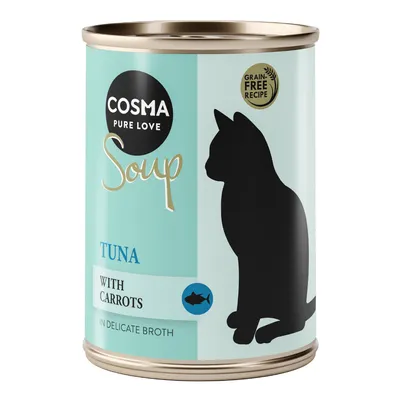 Cosma Soup, grain-free recipe, tuna with carrots in delicate broth. Silhouette of a cat on the can.