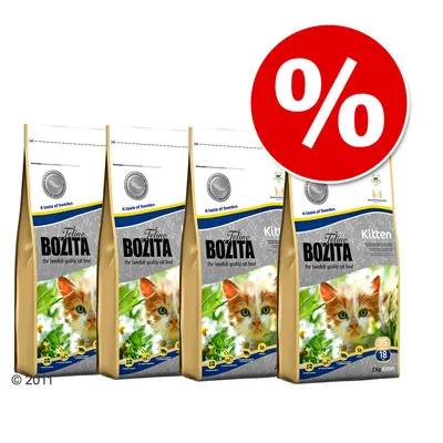 Pachete hrană uscată pentru pisici Feline Bozita Kitten, 4 x 2 kg, cu imagine pisoi pe ambalaj și simbol procent roșu pentru ofertă.