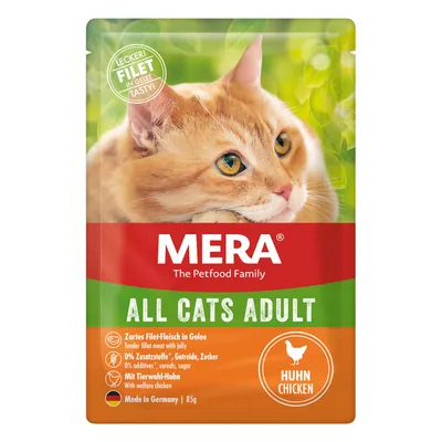 MERA All Cats Adult, filete tierno en gelatina, con pollo de bienestar animal, 0% aditivos, cereales, azúcar. Made in Germany, 85g.