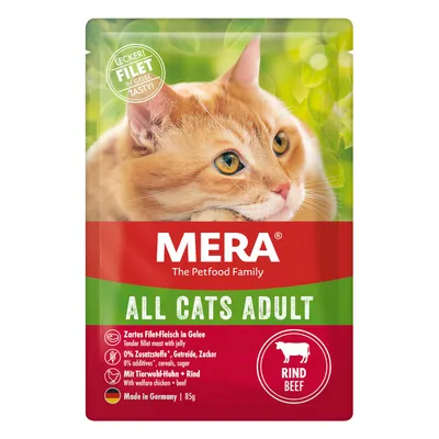 MERA All Cats Adult, filete tierno en gelatina, 0% aditivos, cereales, azúcar, con pollo de bienestar animal y ternera, Made in Germany, 85g.