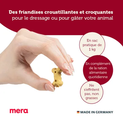 Des friandises croustillantes et croquantes mera, en sac de 1 kg, en complément de la ration quotidienne, ne s’effritent pas, non grasses. MADE IN GERMANY.