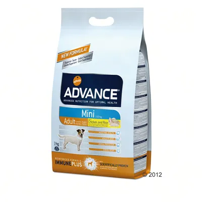 affinity ADVANCE Mini Adult Chicken and Rice, 3 kg. Tekst: NEW FORMULA!, Advanced nutrition for optimal health, Reinforced formula IMMUNEPLUS, Scientifically proven. Billede af lille hund.