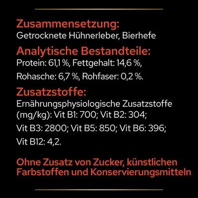 Texte en allemand : composition, analyse nutritionnelle (protéines 61,1 %, matières grasses 14,6 %, cendres brutes 6,7 %, fibres brutes 0,2 %), vitamines B1, B2, B3, B5, B6, B12. Sans sucres ajoutés.