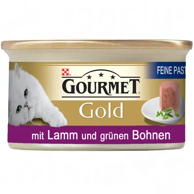 GOURMET Gold kattenvoer, feine pastete, mit Lamm und grünen Bohnen. Blik met afbeelding van witte kat en paté op een bordje met stukjes groene boon.