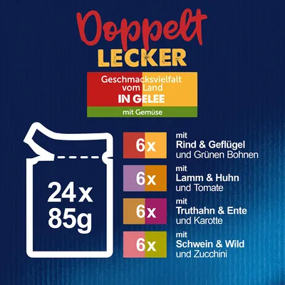 Doppelt Lecker Geschmacksvielfalt vom Land in Gelee mit Gemüse. 24x85g: 6x Rind & Geflügel, 6x Lamm & Huhn, 6x Truthahn & Ente, 6x Schwein & Wild.