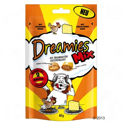 Dreamies Mix 60 g, snacks pour chats avec poulet et fromage, moins de 2 calories par pièce, extérieur croustillant, intérieur crémeux. Texte en allemand sur l’emballage.