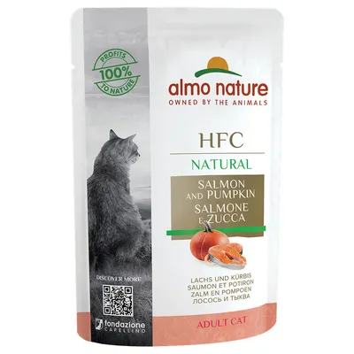 Almo Nature HFC Natural somon și dovleac pentru pisici adulte. Profiturile 100% pentru natură. Cod QR pentru informații suplimentare.