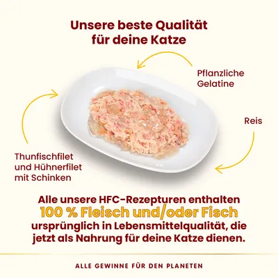 Texte en allemand : Thunfischfilet und Hühnerfilet mit Schinken, Pflanzliche Gelatine, Reis. 100 % Fleisch und/oder Fisch, ursprünglich in Lebensmittelqualität, pour chat.