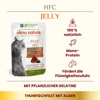 almo nature HFC Jelly, filet de thon avec algues pour chat adulte. Texte visible : 100 % natürlich, Mono-Protein, Fördert die Flüssigkeitszufuhr, mit pflanzlicher Gelatine.