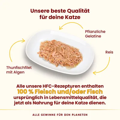 Texte en allemand : Thunfischfilet mit Algen, Pflanzliche Gelatine, Reis. 100 % Fleisch und/oder Fisch ursprünglich in Lebensmittelqualität, jetzt als Nahrung für deine Katze.
