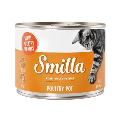 Smilla FOOD FOR A LIFETIME POULTRY POT 200 g. Tekst: WITH POULTRY HEARTS, GRAIN FREE, CONTAINS TAURINE. Dåse med billede af kat.