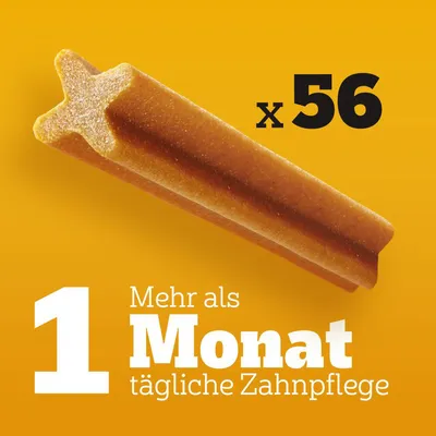 x56, 1 Mehr als Monat tägliche Zahnpflege (tekst na njemačkom jeziku) uz sliku žvakalice za pse u obliku štapića