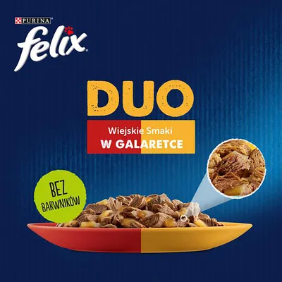 Purina Felix DUO Wiejskie Smaki w galaretce, bez barwników. Zdjęcie kawałków karmy na talerzu.
