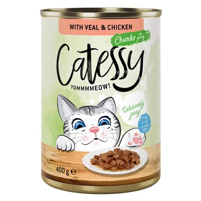 Catessy kattmat, 400g burk, med kalv och kyckling i sås. Saftigt, utan tillsatt socker.