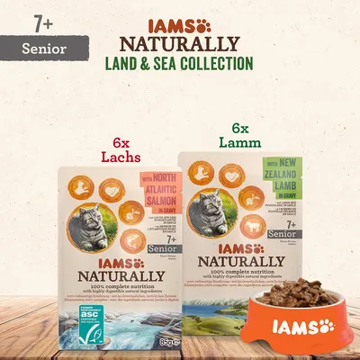 IAMS Naturally Land & Sea Collection para gatos a partir de 7 años. 6x salmón, 6x cordero en salsa. 100% nutrición completa con ingredientes naturales fácilmente digeribles.