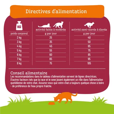 Tableau d'alimentation pour chats selon le poids corporel et le niveau d'activité, avec les quantités journalières en grammes. Conseil d'alimentation supplémentaire : toujours mettre de l'eau fraîche à disposition. Tableau d'alimentation pour chats selon le poids corporel et le niveau d'activité, avec les quantités journalières en grammes. Conseil d'alimentation supplémentaire : toujours mettre de l'eau fraîche à disposition.