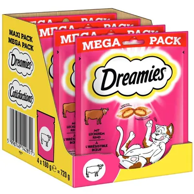 Dreamies Mega Pack, 4 x 180 g, smak wołowiny. Widoczne opakowania z ilustracją kota i krowy oraz tekstem: 'Mit leckerem Rind'. Łączna waga zestawu: 720 g.