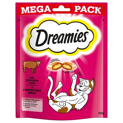 Dreamies MEGA PACK kattgodis, 180 g. Text: Mit leckerem Rind, Vitamine & Mineralstoffe, Nur 2 kcal pro Stück. Bild på ko och tecknad katt.