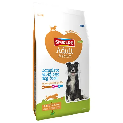 Smølke Adult Medium, täysravinto aikuisille keskikokoisille koirille, ainutlaatuinen proteiiniprofiili, päivittäinen tasapaino: optimaalinen ruoansulatus, ihon ja turkin hoito, hammashoito, 12 kg.