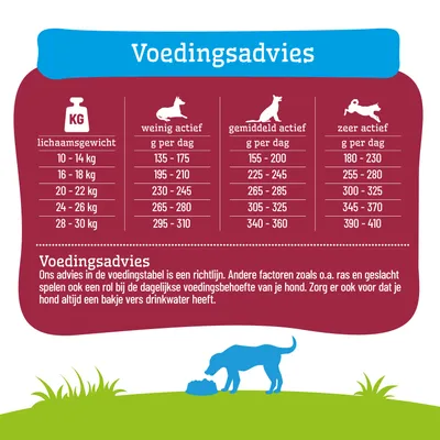 Voedingsschema voor honden op basis van lichaamsgewicht en activiteitsniveau, dagelijkse hoeveelheid in gram. Opmerking: Zorg altijd voor vers drinkwater.