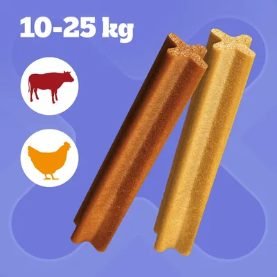 Dve žvečilni palici, primerni za živali s težo od 10 do 25 kg. Simboli za govedino in piščanca prikazujejo okuse. Dve žvečilni palici, primerni za živali s težo od 10 do 25 kg. Simboli za govedino in piščanca prikazujejo okuse.