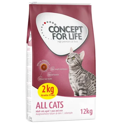 Concept for Life All Cats dry food, 12kg pack with 2kg free. Special formula highlights: ideal weight maintenance, hairball function, urinary tract health. For adult cats aged 1 year and over.