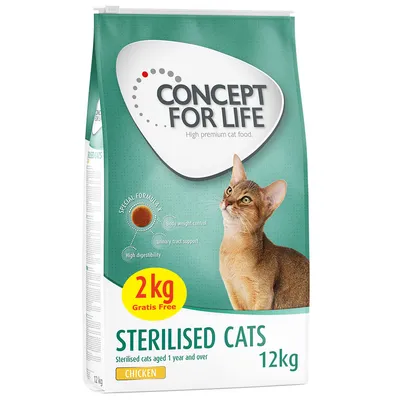 Concept for Life Sterilised Cats, 12 kg, med kyckling. Speciell formula: viktkontroll, stöd för urinvägar, hög smältbarhet. 2 kg gratis.
