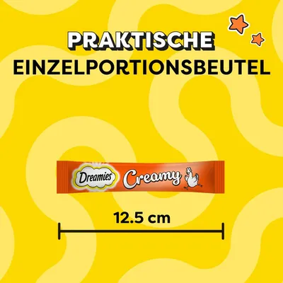 Dreamies Creamy Einzelportionsbeutel mit Huhn, Länge 12.5 cm. Praktische Portionsgrösse für einfache Handhabung.