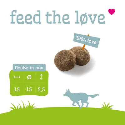 Twee ronde voerstukken met het bordje '100% løve'. Tekst: 'feed the løve'. Maattabel in mm: diameter 15, hoogte 5,5. Silhouet van een hond onderaan.