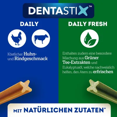 Dentastix Daily mit Huhn- und Rindgeschmack. Daily Fresh mit grünen Tee-Extrakten und Eukalyptusöl zur Atemerfrischung. Mit natürlichen Zutaten.