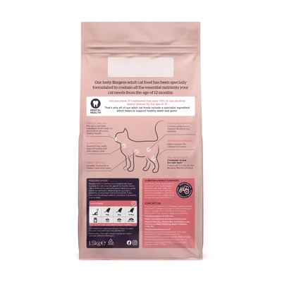 Back of cat food bag showing benefits for dental health, skin and coat, heart health, digestive comfort, advanced protein, feeding guide for adult cats, and contact information.