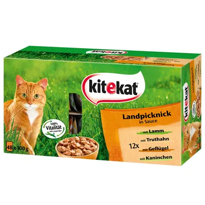Kitekat Landpicknick in Sauce, 48 x 100 g. 12x mit Lamm, mit Truthahn, mit Geflügel, mit Kaninchen. 100 % Vitalität. Billede af kat og skål med foder på pakken.