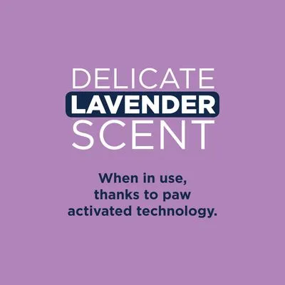 Engelse tekst: Delicate lavender scent. When in use, thanks to paw activated technology.