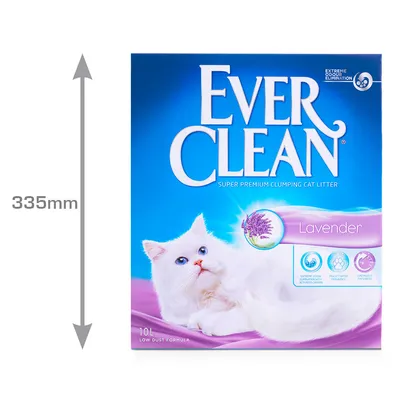 Caja de arena aglomerante para gatos Ever Clean Lavender, 10 L, fórmula baja en polvo. Altura visible: 335 mm. Texto: Extreme Odour Elimination, Super Premium Clumping Cat Litter.