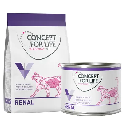 Concept for Life Veterinary Diet Renal. Unterstützt die Nieren, proteinreduziert, vorbeugend gegen Steine. Verpackung mit Katzenmotiv und lila Akzenten.