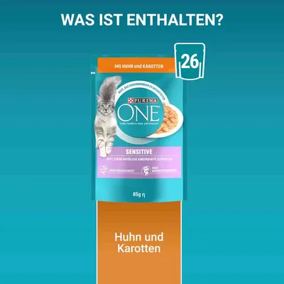 Purina ONE Sensitive Katzenfutter, 85g, mit Huhn und Karotten. Unterstützt das Darmmikrobiom, hohe Verträglichkeit, stärkt natürliche Abwehrkräfte.