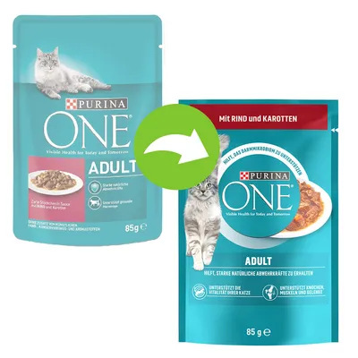 Purina ONE ADULT macskaeledel 85 g, kétféle csomagolás: régi és új dizájn, mindkettőn szürke macska és tál étel látható. Felirat: marhával és répával.