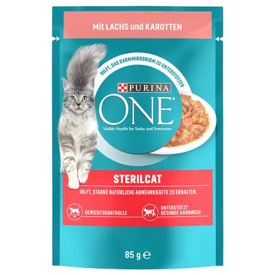 Purina ONE Sterilcat with salmon and carrots, supports gut microbiome, weight control and healthy urinary tract. 85 g pouch.