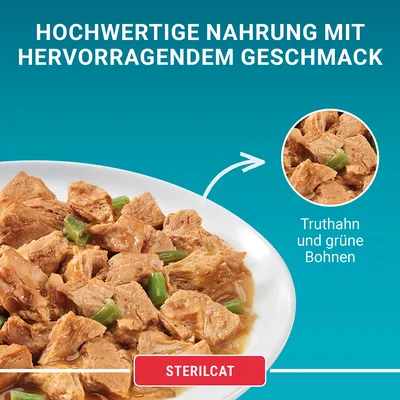 Sterilcat. Hochwertige Nahrung mit hervorragendem Geschmack, Truthahn und grüne Bohnen.