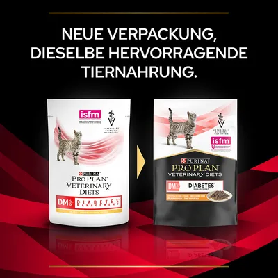 Purina Pro Plan Veterinary Diets DM Diabetes Management. Neue Verpackung, dieselbe hervorragende Tiernahrung. ISFM zertifiziert.