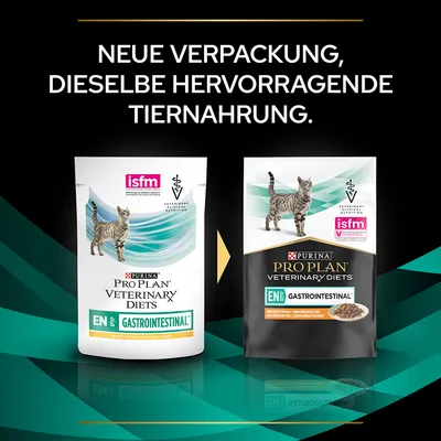 Comparaison de deux emballages Purina Pro Plan Veterinary Diets EN Gastrointestinal pour chat, texte en allemand : Neue Verpackung, dieselbe hervorragende Tiernahrung.