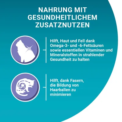 Texte en allemand : Nahrung mit gesundheitlichem Zusatznutzen. Hilft, Haut und Fell dank Omega-3- und -6-Fettsäuren sowie Vitaminen und Mineralstoffen gesund zu halten. Hilft, Haarballen zu minimieren.