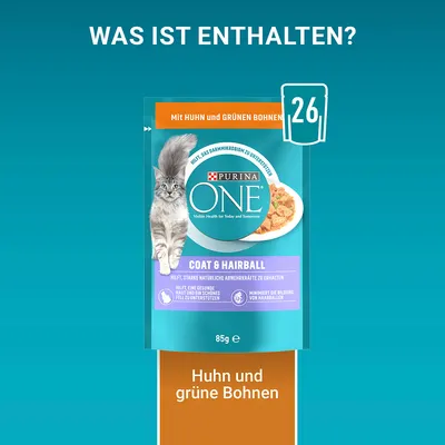 Purina ONE Coat & Hairball, 85 g, avec poulet et haricots verts. Texte en allemand : Huhn und grüne Bohnen, Was ist enthalten?, 26.