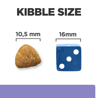 Kibble size comparison showing a 10.5 mm kibble next to a 16 mm dice for reference.