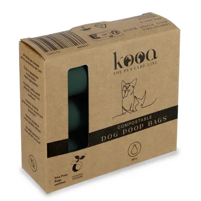 kooa The Pet Care Line. Компостируемые пакеты для собачьих экскрементов, сертифицированные, 90 штук. Упаковка из переработанного картона с окошком и экологическими символами.